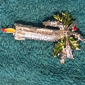 Silver Candle Brooch with Green Leaves